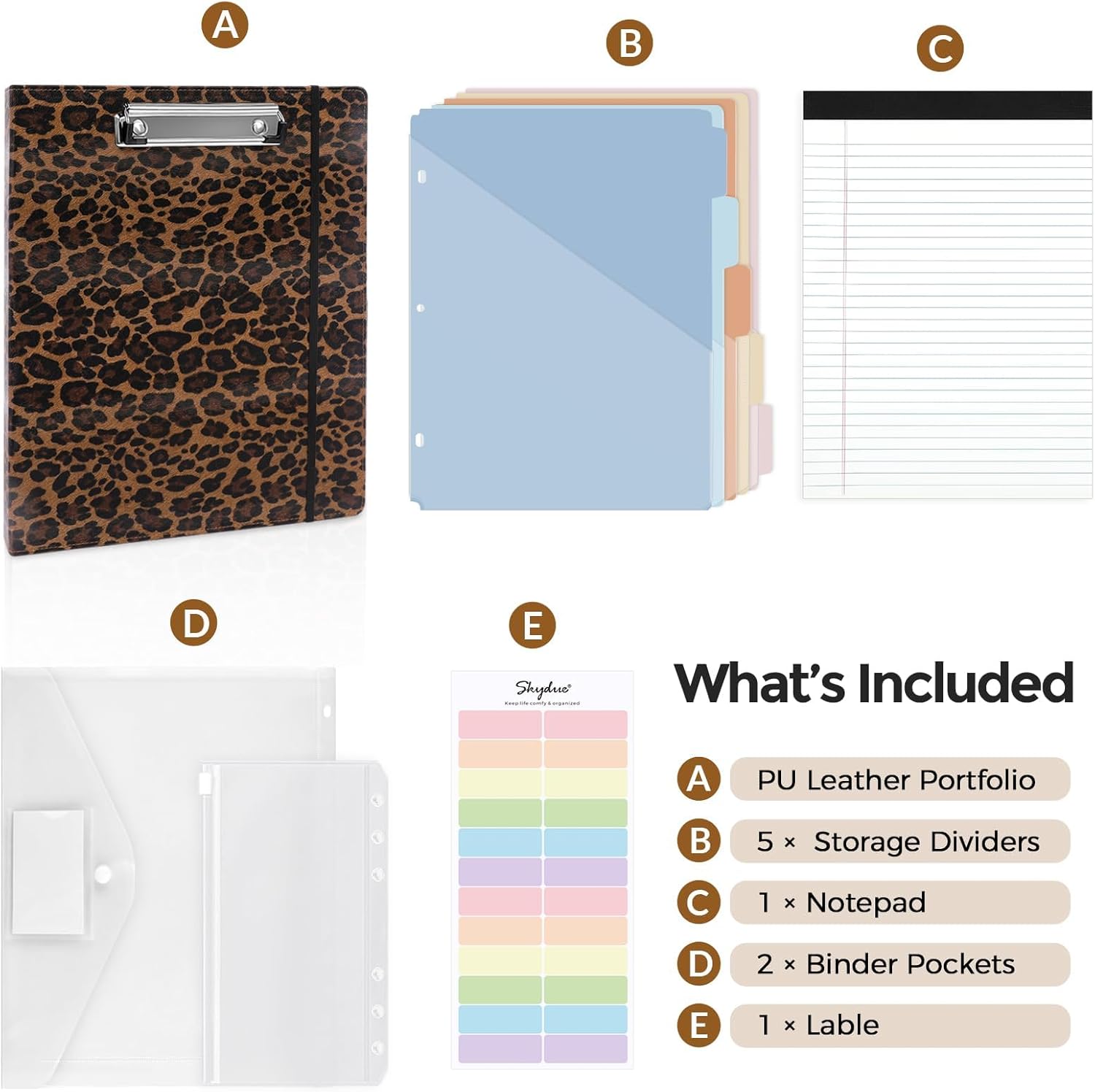SKYDUE 1 Inch 3-Ring Binder with Clipboard, PU Aesthetic Binder with 5 Dividers, Notepad, Stickers & Pockets for Work and School (Letter Size)