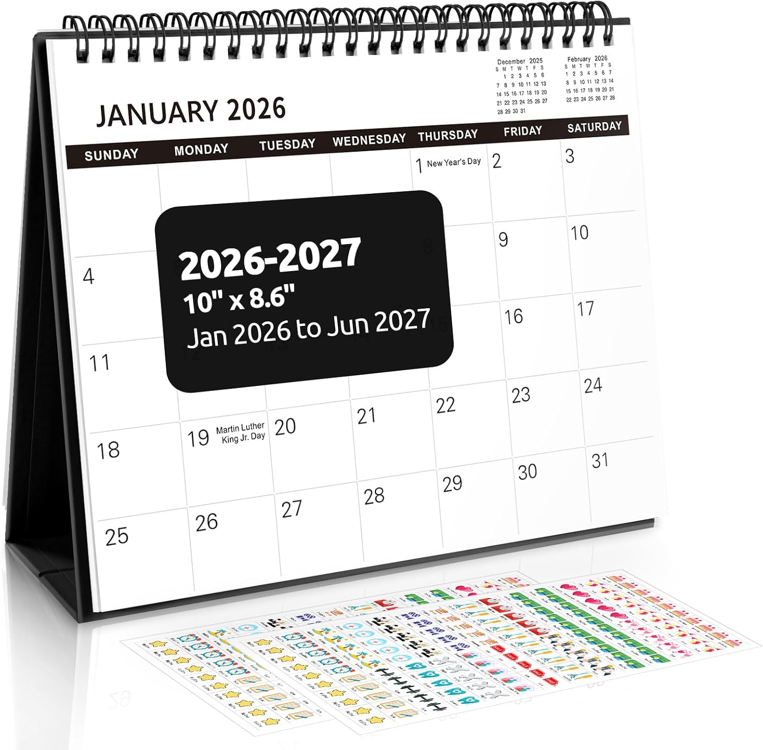 SKYDUE Desk Calendar 2026, 18 Months Small Desk Calendar 2026-2027, Jan 2026 to Jun 2027, 10" x 8" Desktop Calendar Planner with Stickers, Black