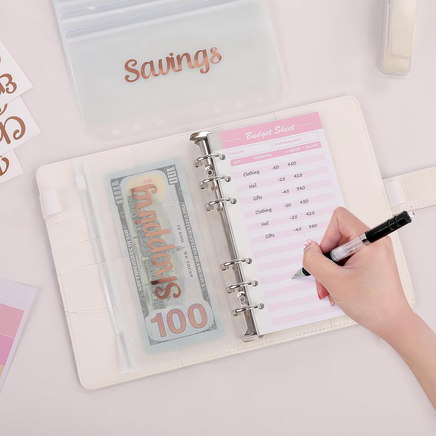 SKYDUE Budget Binder with 8pcs Zipper Envelopes,Money Organizer for Cash with 12pcs Expense Sheets & 24 Rose Gold Sticky Labels