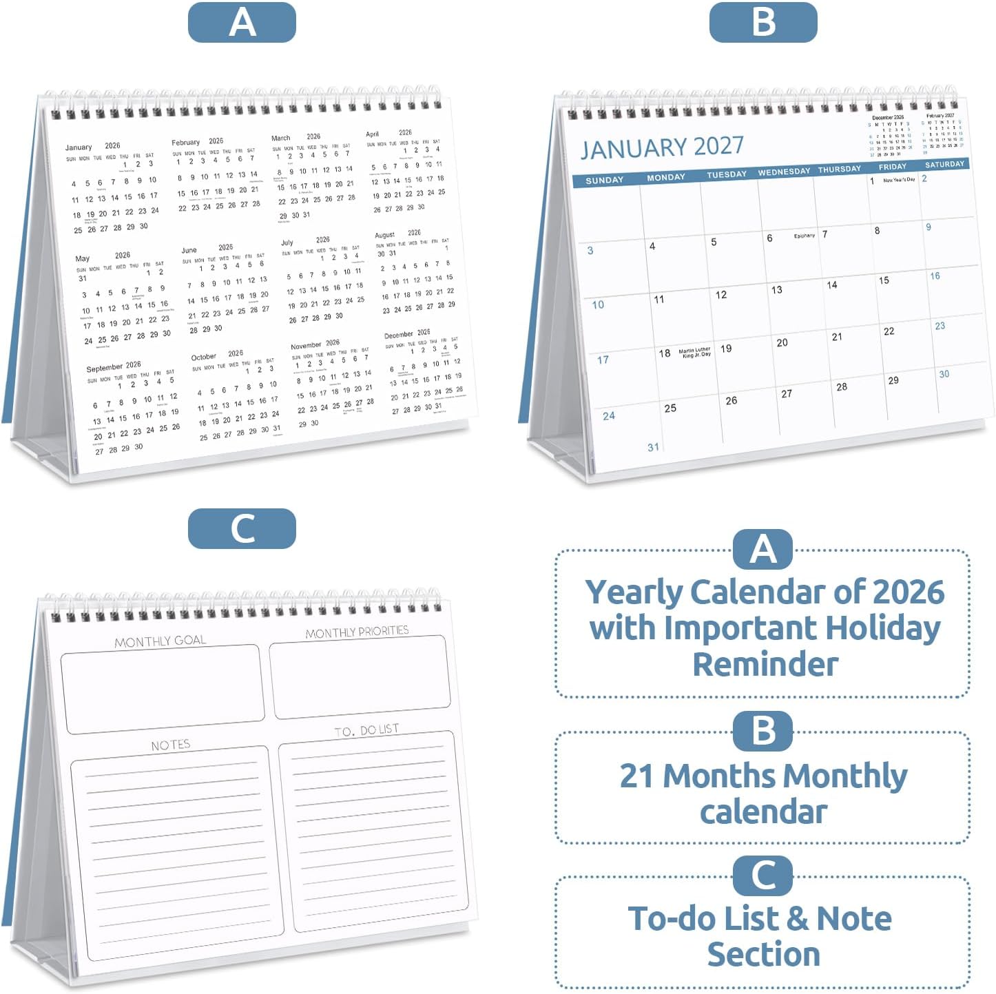 SKYDUE Desk Calendar 2026, 18 Months Small Desk Calendar 2026-2027, Jan 2026 to Jun 2027, 10" x 8" Desktop Calendar Planner with Stickers, Black