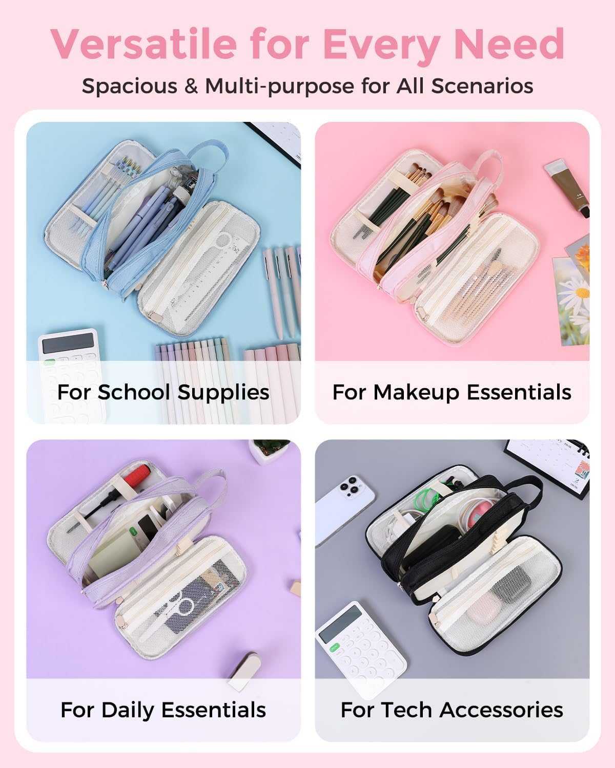 SKYDUE Large Capacity Pencil Case with 3 Compartments, Canvas Stationery Bag with Handle for Students Adults, Aesthetic Pen Holder Organizer for Office School Supplies, Purple