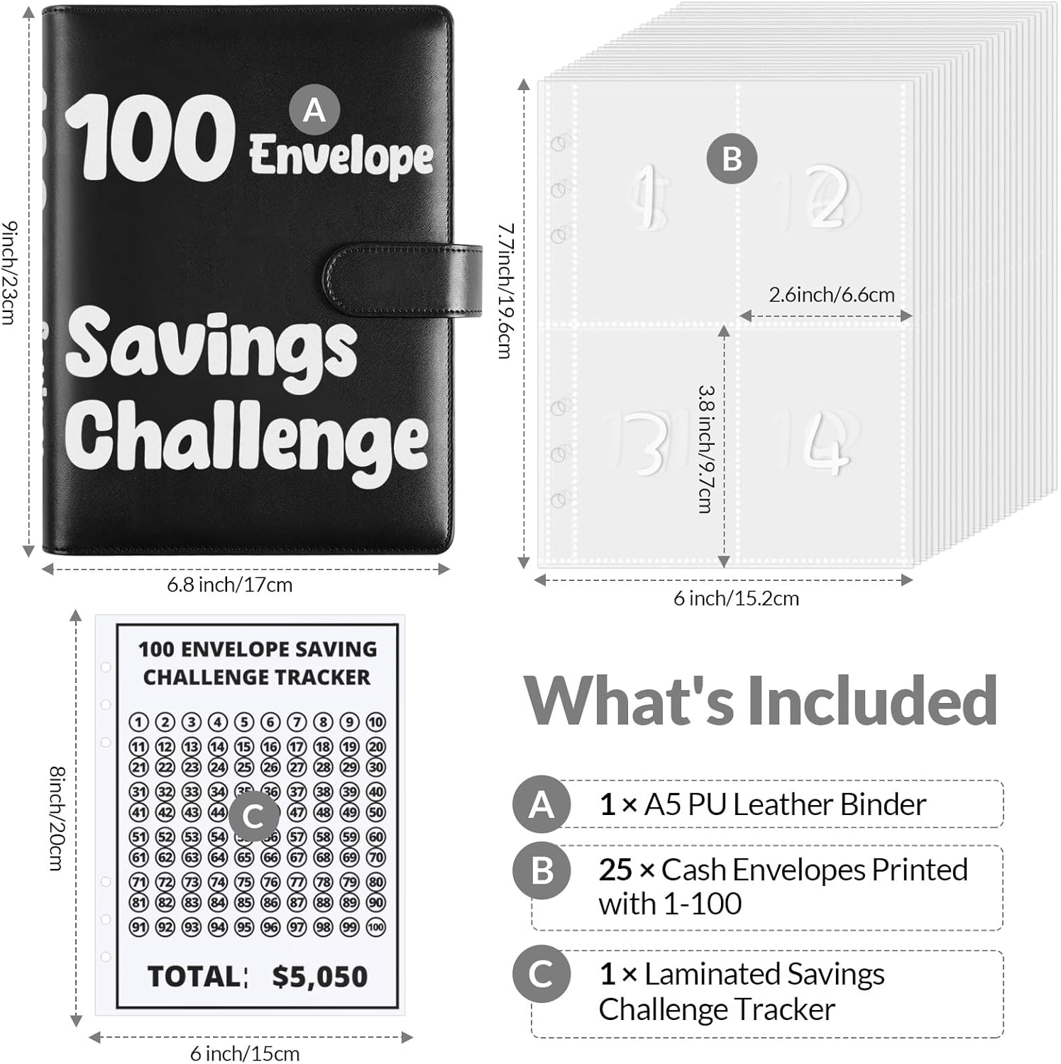 SKYDUE 100 Envelopes Money Savin Challenge Binder, A5 Money Saving Budget Binder with Cash Envelopes - Savings Challenges Book to Save $5,050