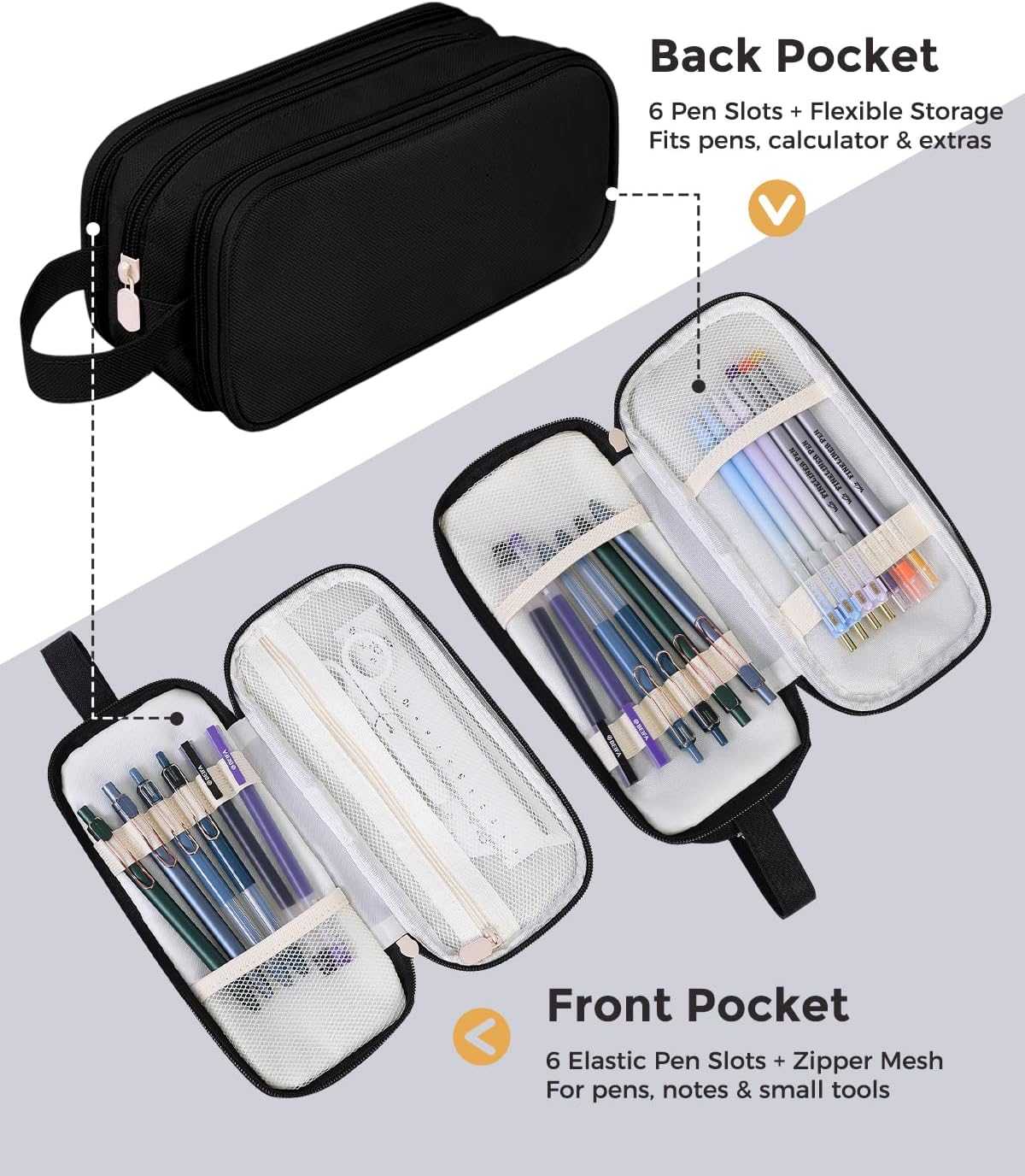 SKYDUE Large Capacity Pencil Case with 3 Compartments, Canvas Stationery Bag with Handle for Students Adults, Aesthetic Pen Holder Organizer for Office School Supplies, Purple