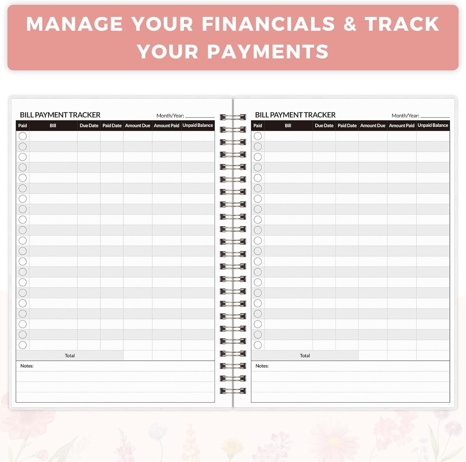 Bill Tracker Notebook, Monthly Bill Payment Checklist, 6" x 8.5", Bill Organizer with Back Pocket for Personal Budgeting Financial, 128 Pages