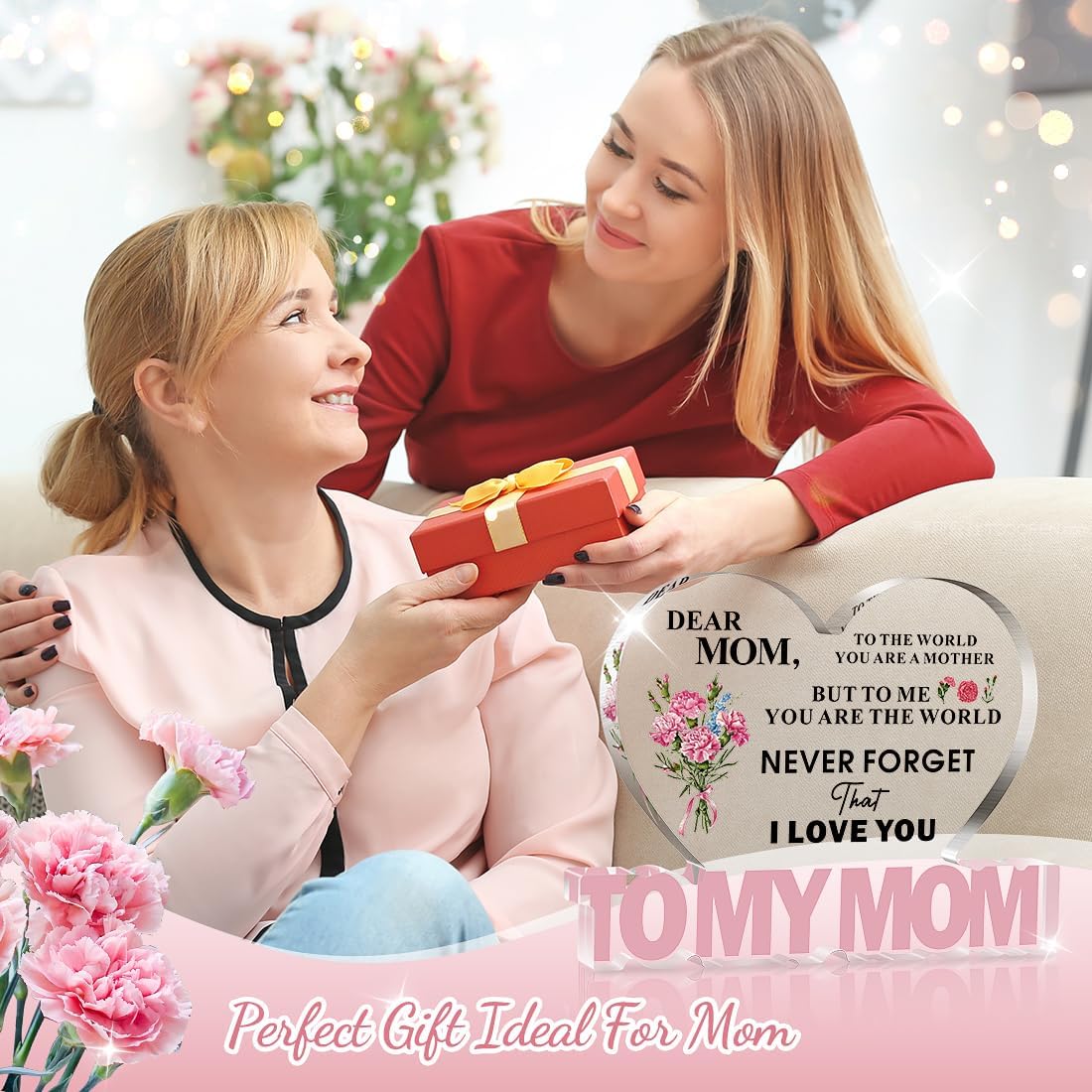 SKYDUE Gifts for Mom from Daughter Son, Heart Shaped "To My Mom" Acrylic Plaque - Meaningful Desk Decor Christmas Gift for Mother, Unique Birthday, Mother's Day, Christmas, Thanksgiving Day Gift Idea