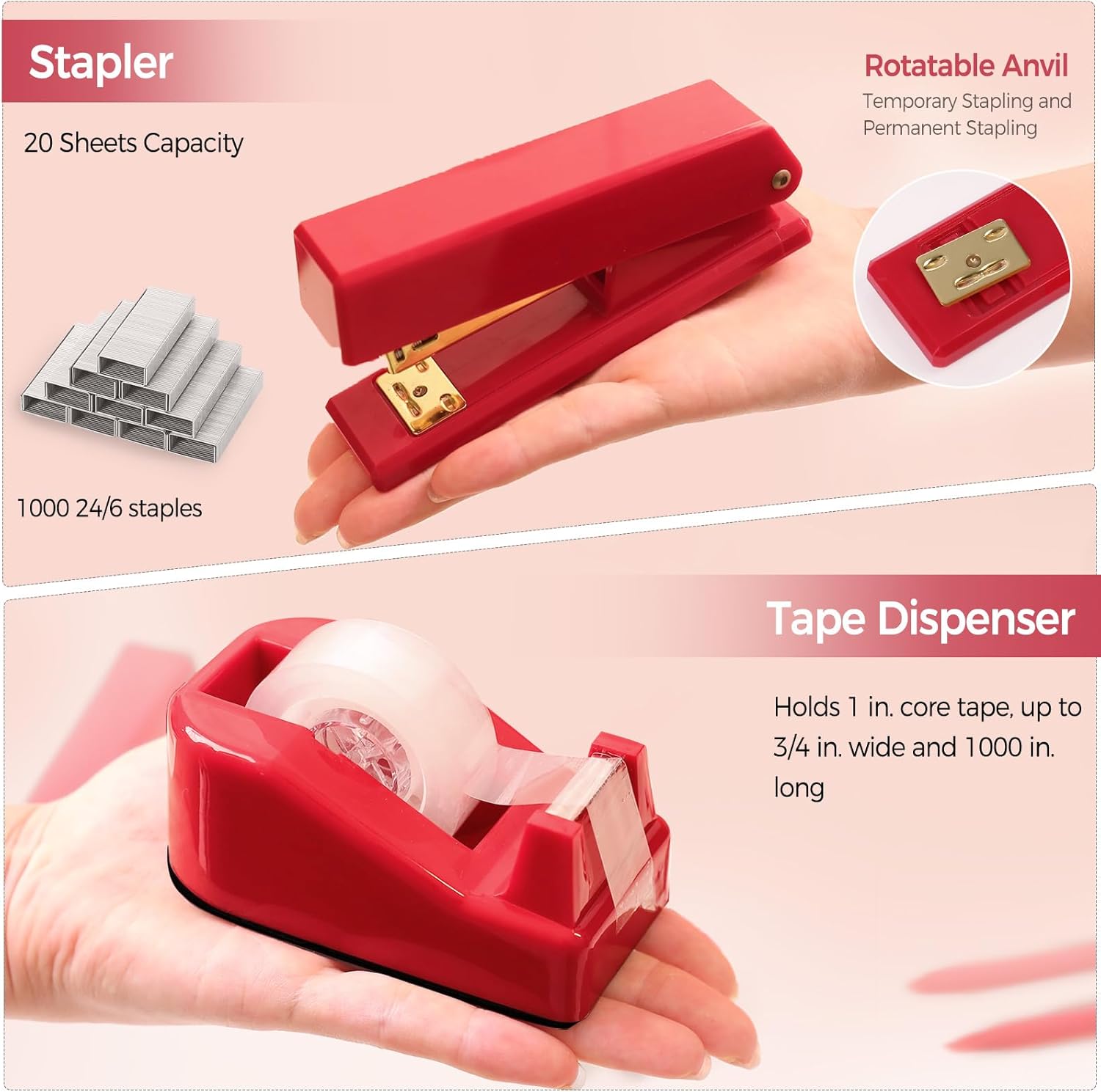 SKYDUE Pink Office Desk Accessories, Pink Office Supplies, Stapler, Tape Dispenser, Scissors, Clips and 1000pcs Staples,Office Supplies for Desk for Women