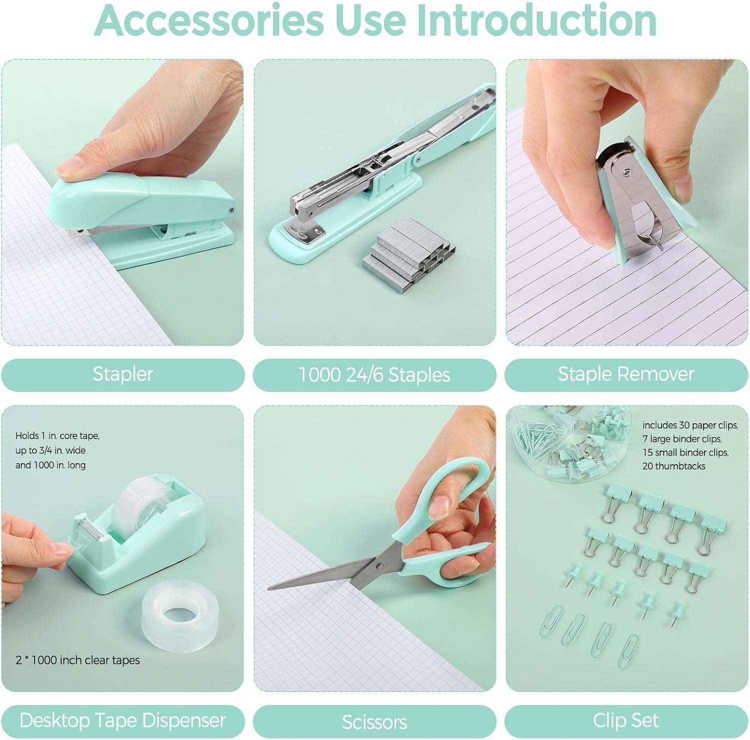 SKYDUE Pink Office Desk Accessories, Pink Office Supplies, Stapler, Tape Dispenser, Scissors, Clips and 1000pcs Staples,Office Supplies for Desk for Women