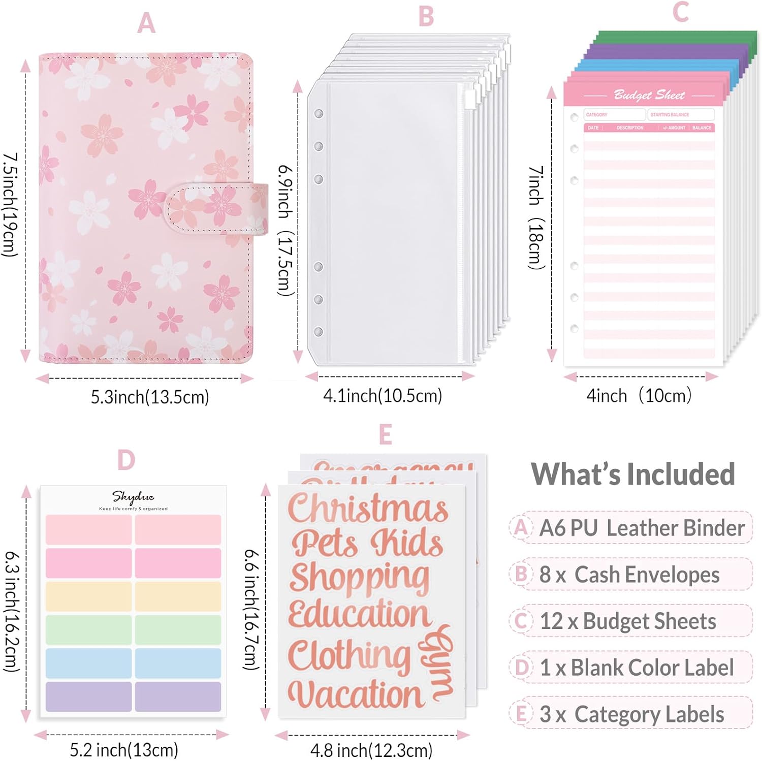SKYDUE Budget Binder with 8pcs Zipper Envelopes,Money Organizer for Cash with 12pcs Expense Sheets & 24 Rose Gold Sticky Labels