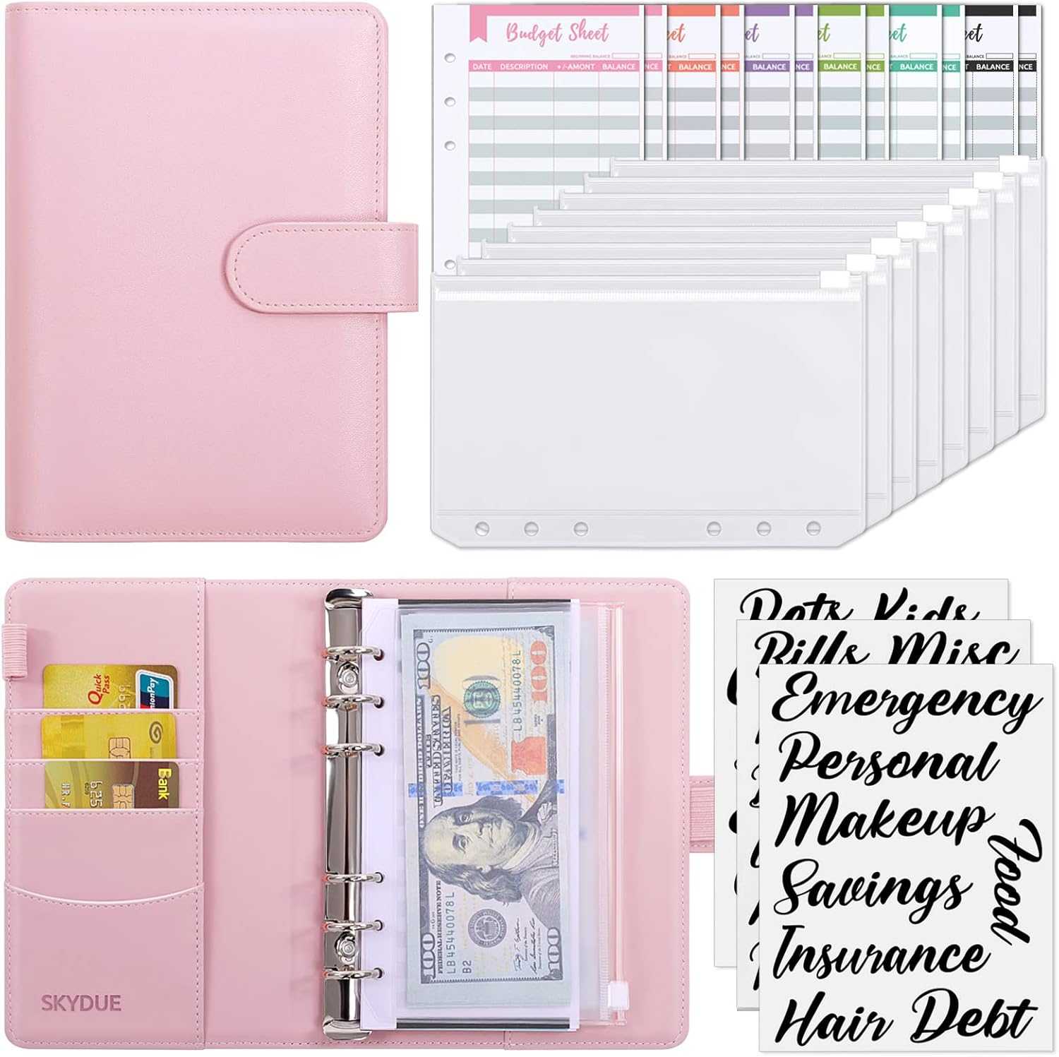 SKYDUE Buckle Budget Binder with Zipper Envelopes and 12 Pcs Budget Stickers Set