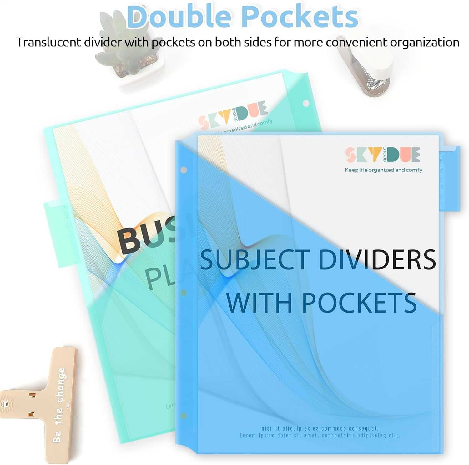 SKYDUE Binder Dividers with Two Pockets, 1Set, 5 Tabs Dividers for 3 Ring Binder, Plastic Binder Dividers with Tabs for School, Office, and Home Organization,Blue