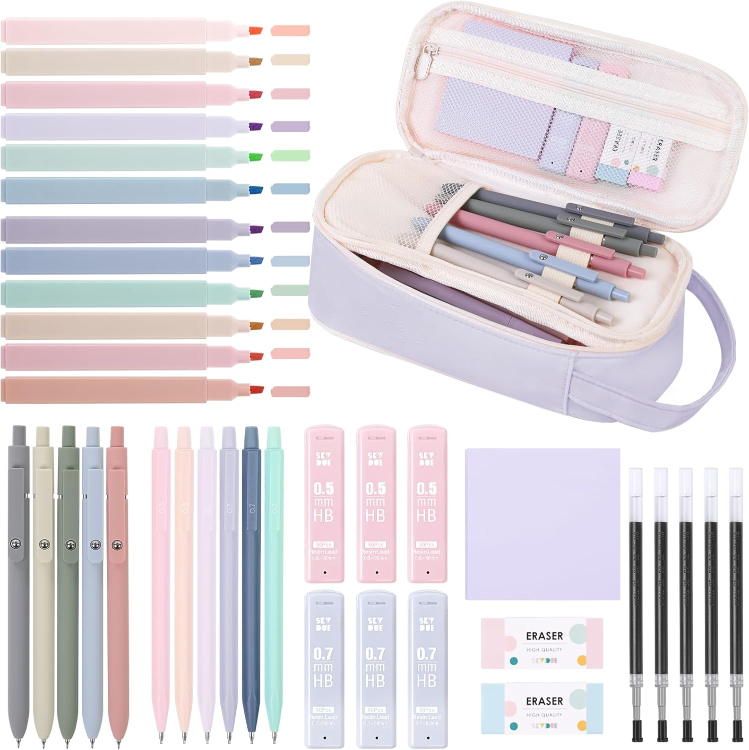 SKYDUE Cute School Supplies 38 PCS, Pencil Case with 12 Pastel Highlighters, 5 Black Gel Pens, Mechanical Pencils, College Essentials Students Stationary Set Pink
