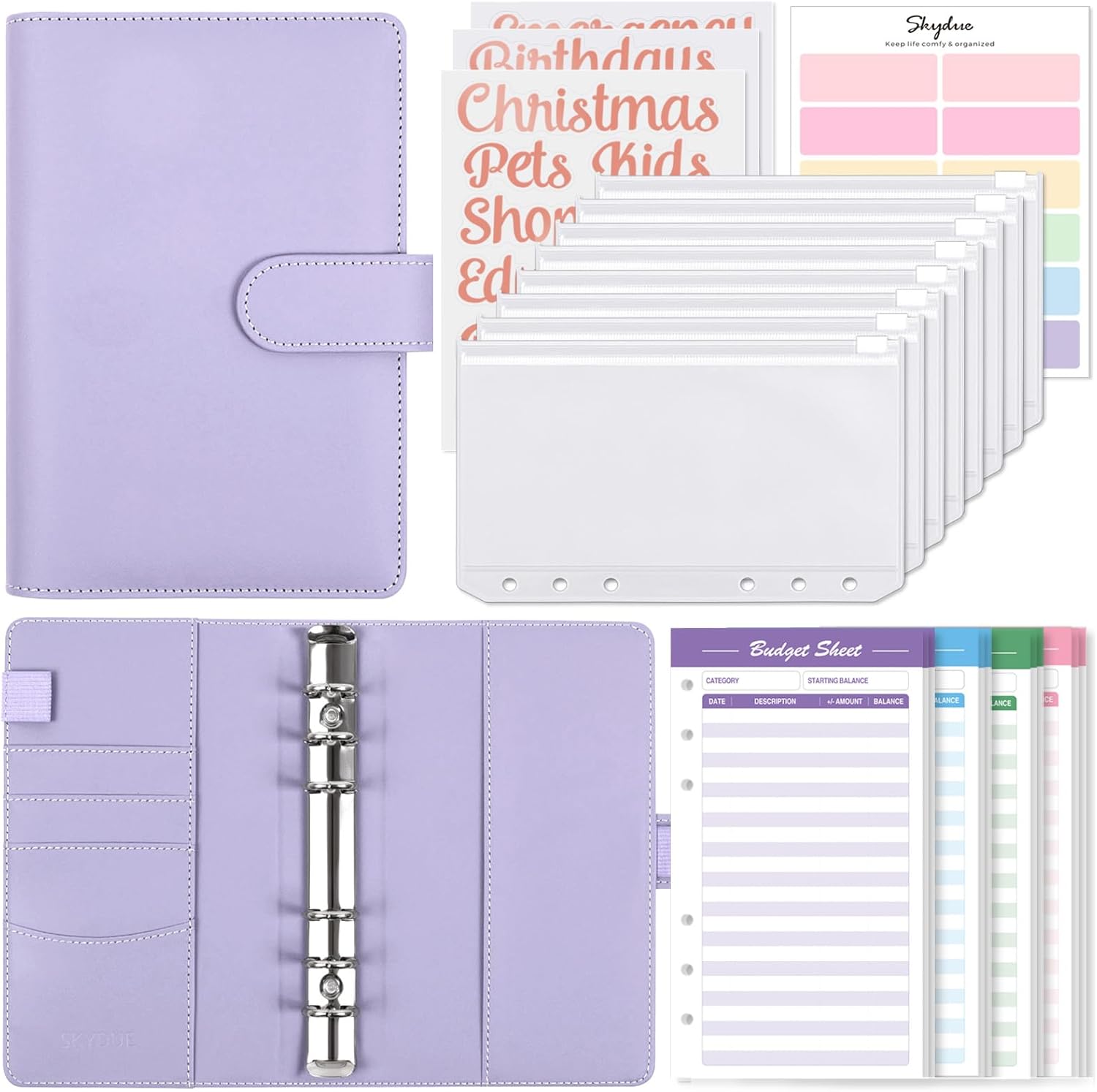 SKYDUE Budget Binder with 8pcs Zipper Envelopes,Money Organizer for Cash with 12pcs Expense Sheets & 24 Rose Gold Sticky Labels