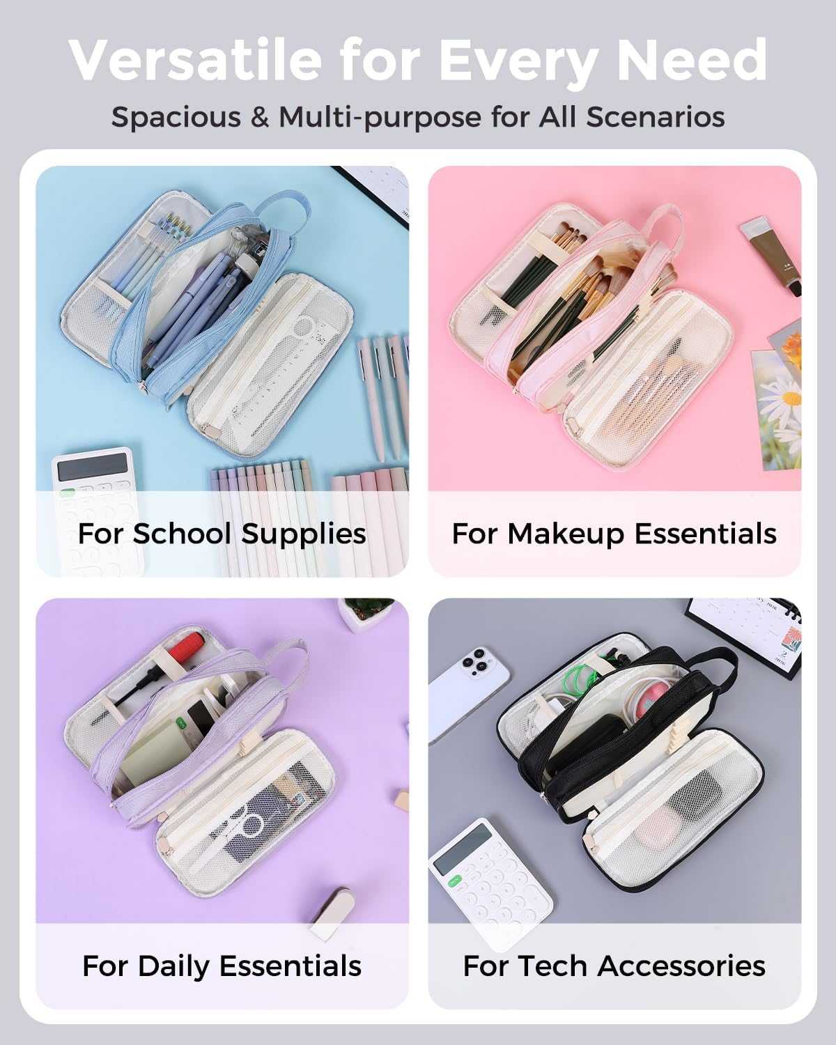 SKYDUE Large Capacity Pencil Case with 3 Compartments, Canvas Stationery Bag with Handle for Students Adults, Aesthetic Pen Holder Organizer for Office School Supplies, Purple