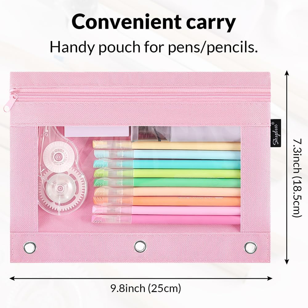 SKYDUE Pencil Pouch for 3 Ring Binder, Zipper Pencil Pouches for Girls Boys, Clear Window Pencil Case for Binder, Binder Pencil Pouch, Pencil Bag with Zipper,Pink & Purple