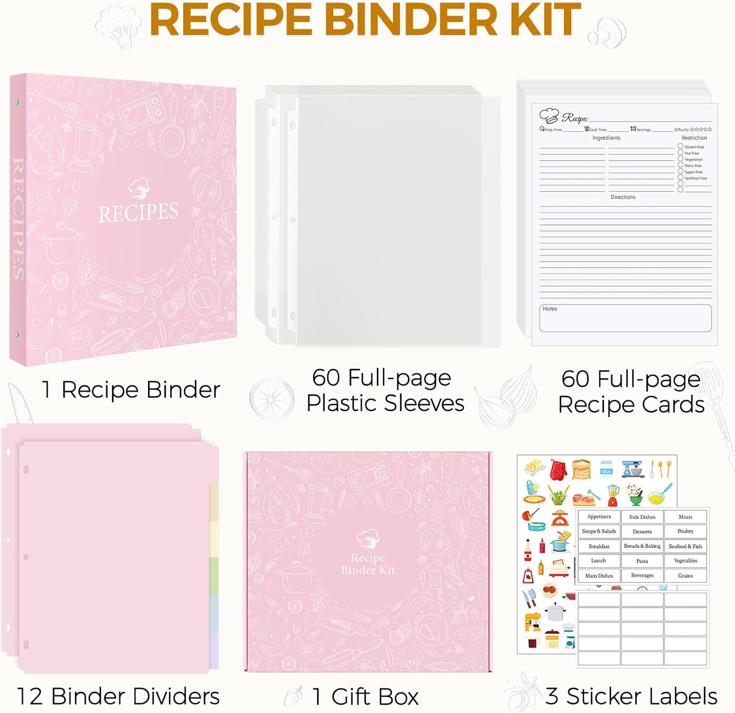 Recipe Binder 8.5x11 3 Ring, 1" Round Rings, Recipe Book to Write in Your own Recipes, Recipe Binder with 60 Plastic Sleeves, 12 Dividers, 60 Blank Recipe Cards, Family Recipe Organizer