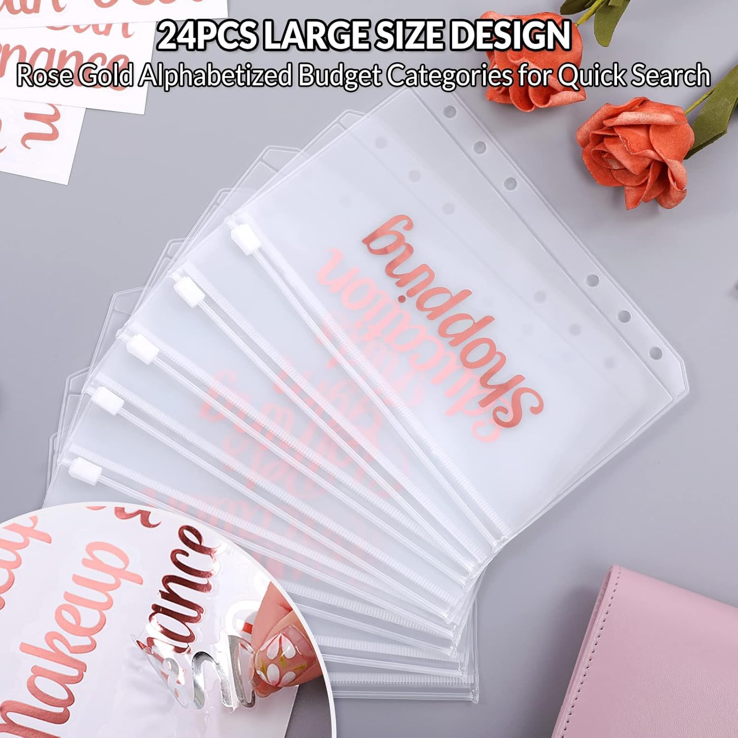 SKYDUE Budget Binder with 8pcs Zipper Envelopes,Money Organizer for Cash with 12pcs Expense Sheets & 24 Rose Gold Sticky Labels