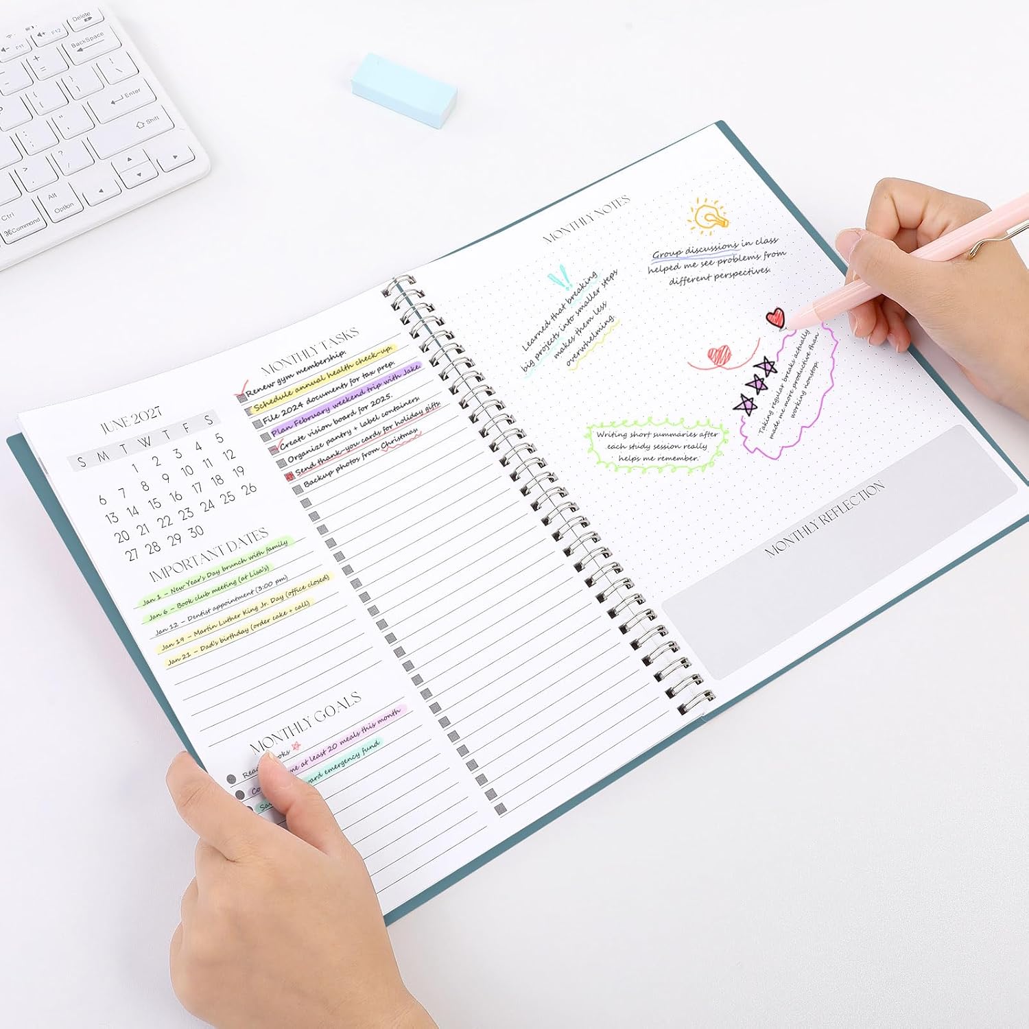 SKYDUE Monthly Planner 2026-2027, 24 Months Calendar Planner 2026-2027, 7.5" x 10" B5 Planner, Twin-wire Spiral Bound, Durable Waterproof Cover, Thick No-Bleed Paper, Floral