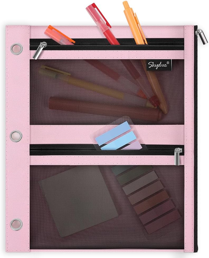 SKYDUE Pencil Pouch for Binder, Pencil Case, 3 Ring Binder Pencil Pouch with 3 Pockets and Mesh Window, Zipper Pencil Pouch, Durable Organizer for School Supplies, Cables, Earbuds, Makeup