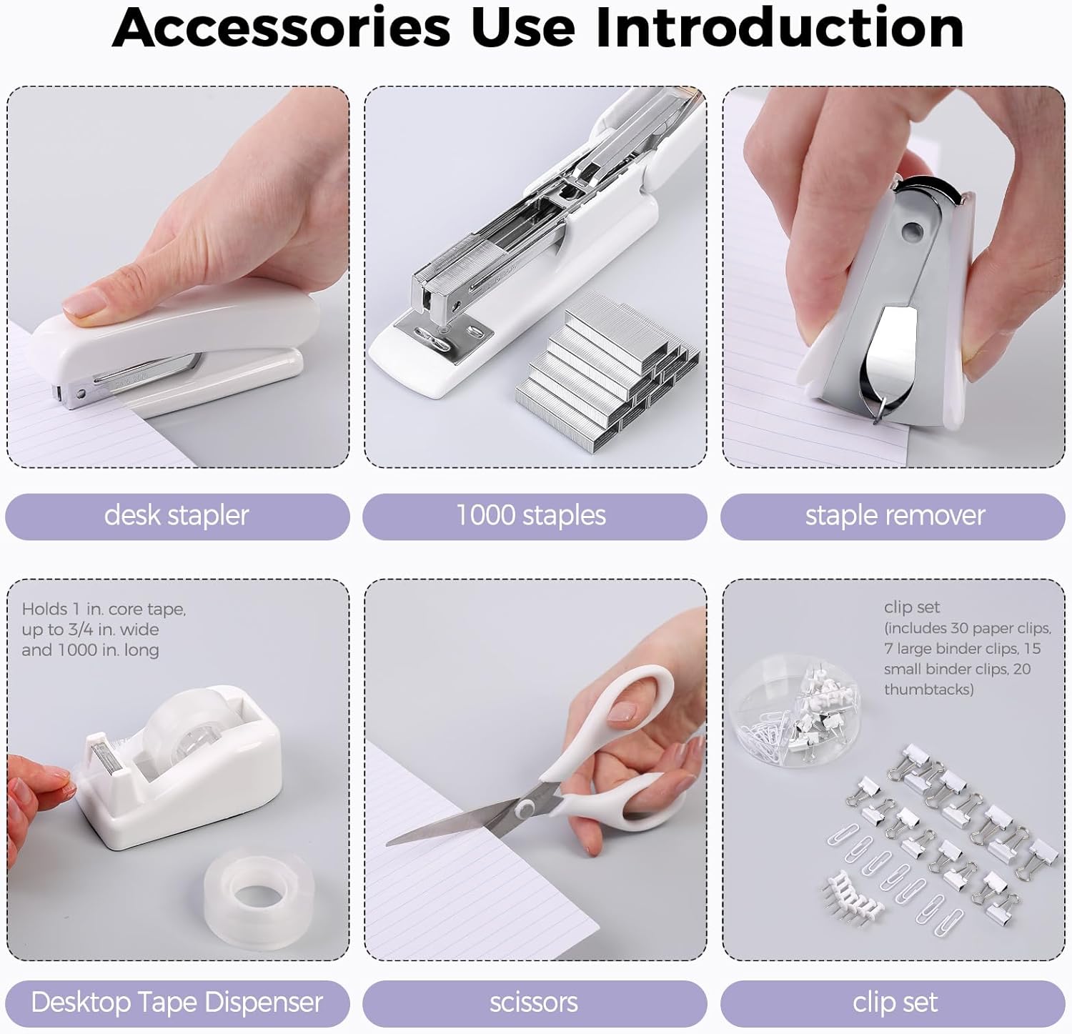 SKYDUE Pink Office Desk Accessories, Pink Office Supplies, Stapler, Tape Dispenser, Scissors, Clips and 1000pcs Staples,Office Supplies for Desk for Women