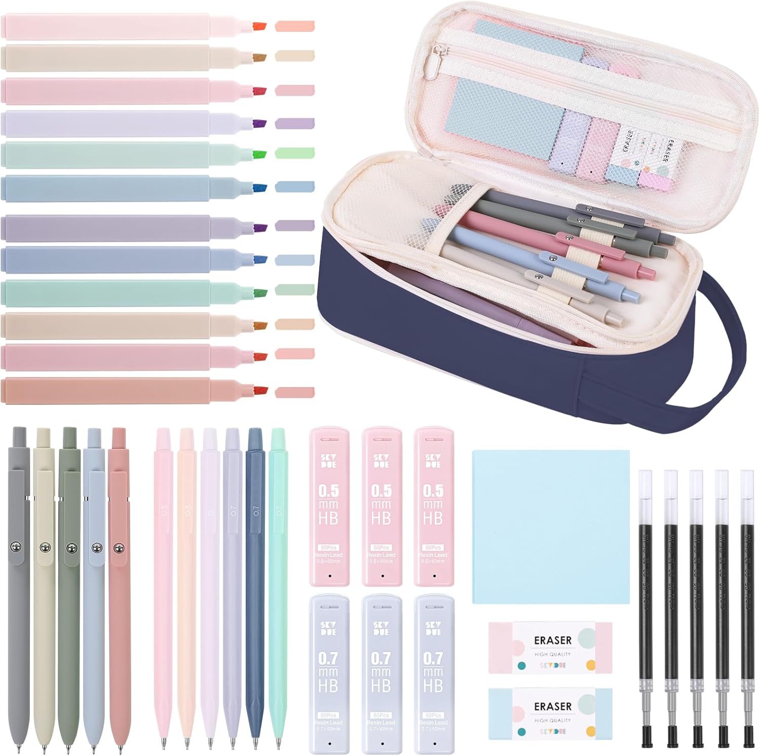 SKYDUE Cute School Supplies 38 PCS, Pencil Case with 12 Pastel Highlighters, 5 Black Gel Pens, Mechanical Pencils, College Essentials Students Stationary Set Pink