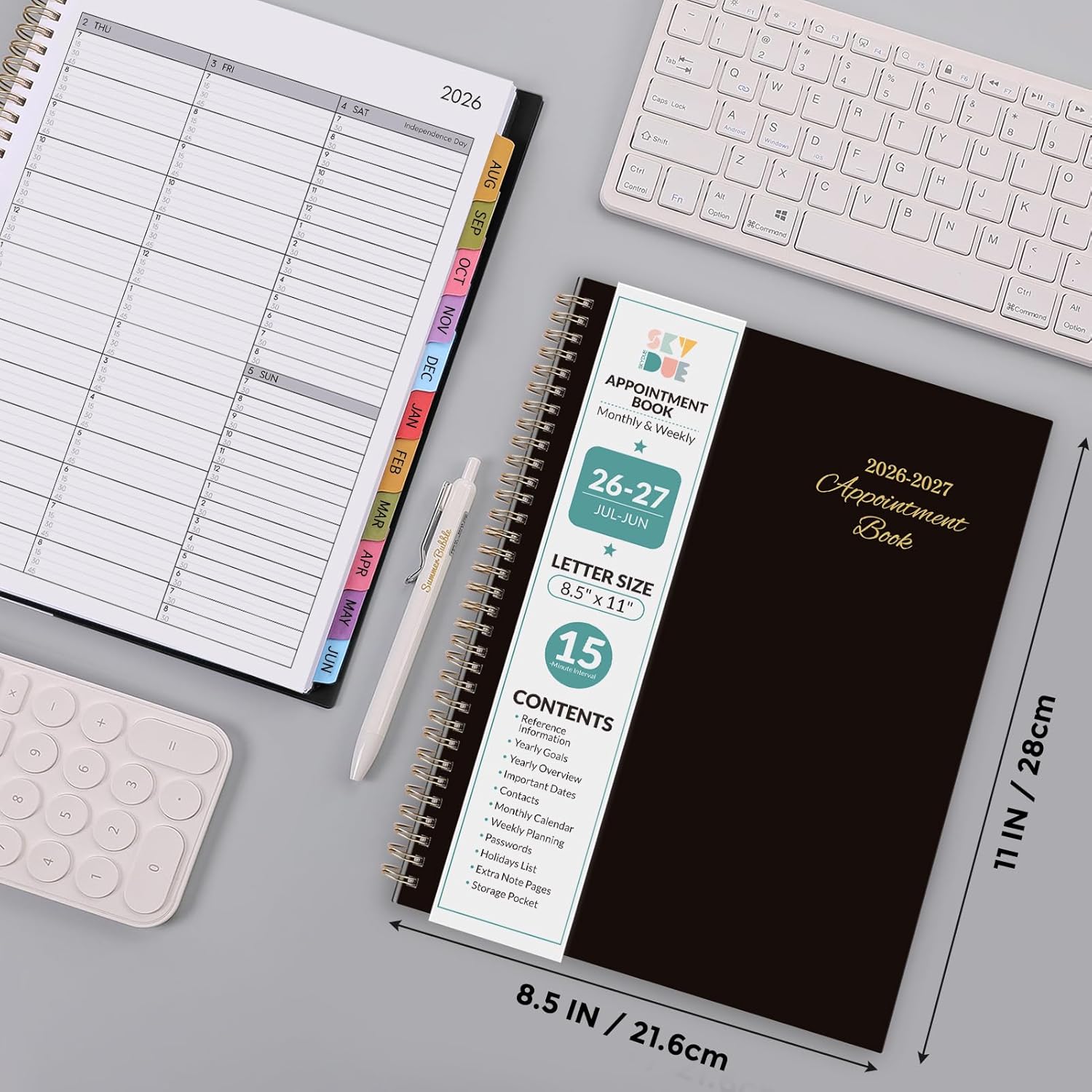 SKYDUE Appointment Book 2026-2027, Academic Hourly Planner from July 2026 - June 2027, 8.5" x 11" Weekly & Monthly Schedule Planner with 15-Minute Interval- Perfect for Daily Planning White Flower