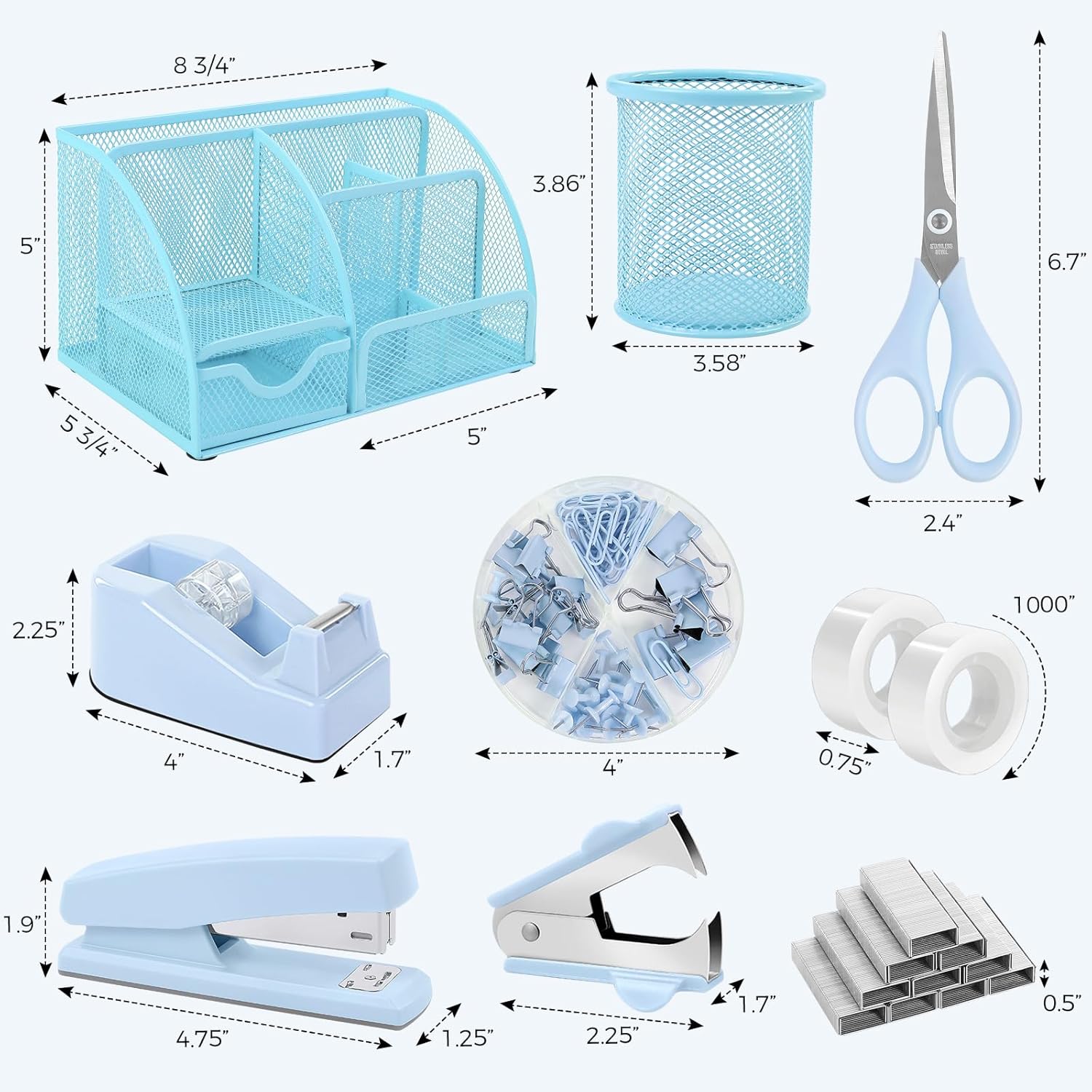 SKYDUE Pink Desk Accessories, Pink Office Supplies Set, Mesh Desk Organizer, Stapler, Tape Dispenser, Scissors, Binder/Paper Clips and 1000pcs Staples,Desk Organizer for Women