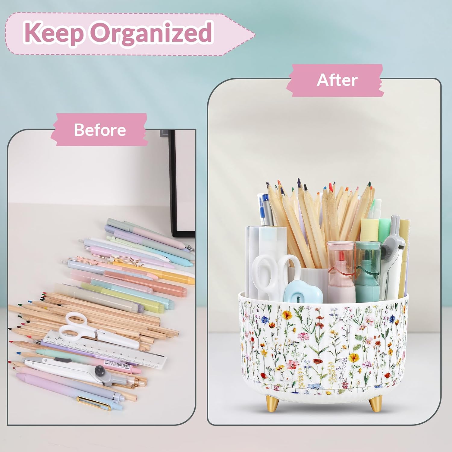 SKYDUE 360 Rotating Plastic Desk Pen Organizer with 5 Slots, Dual-Purpose Art Supply Pencil Cup for Office, School, Home