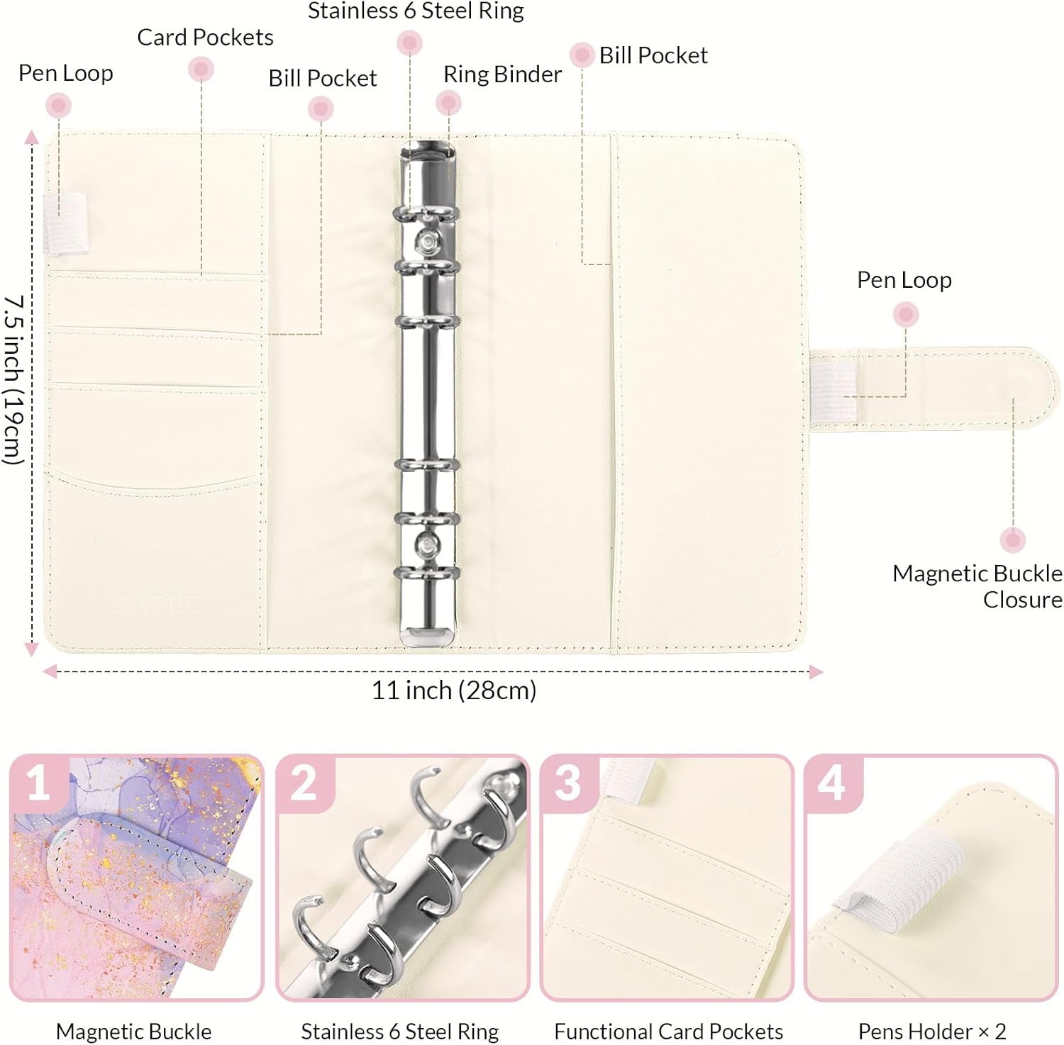 SKYDUE Budget Binder with 8pcs Zipper Envelopes,Money Organizer for Cash with 12pcs Expense Sheets & 24 Rose Gold Sticky Labels