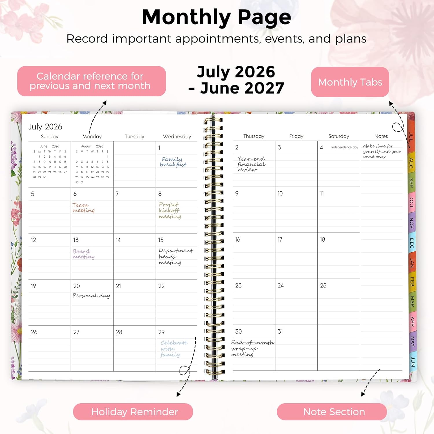 SKYDUE Appointment Book 2026-2027, Academic Hourly Planner from July 2026 - June 2027, 8.5" x 11" Weekly & Monthly Schedule Planner with 15-Minute Interval- Perfect for Daily Planning White Flower