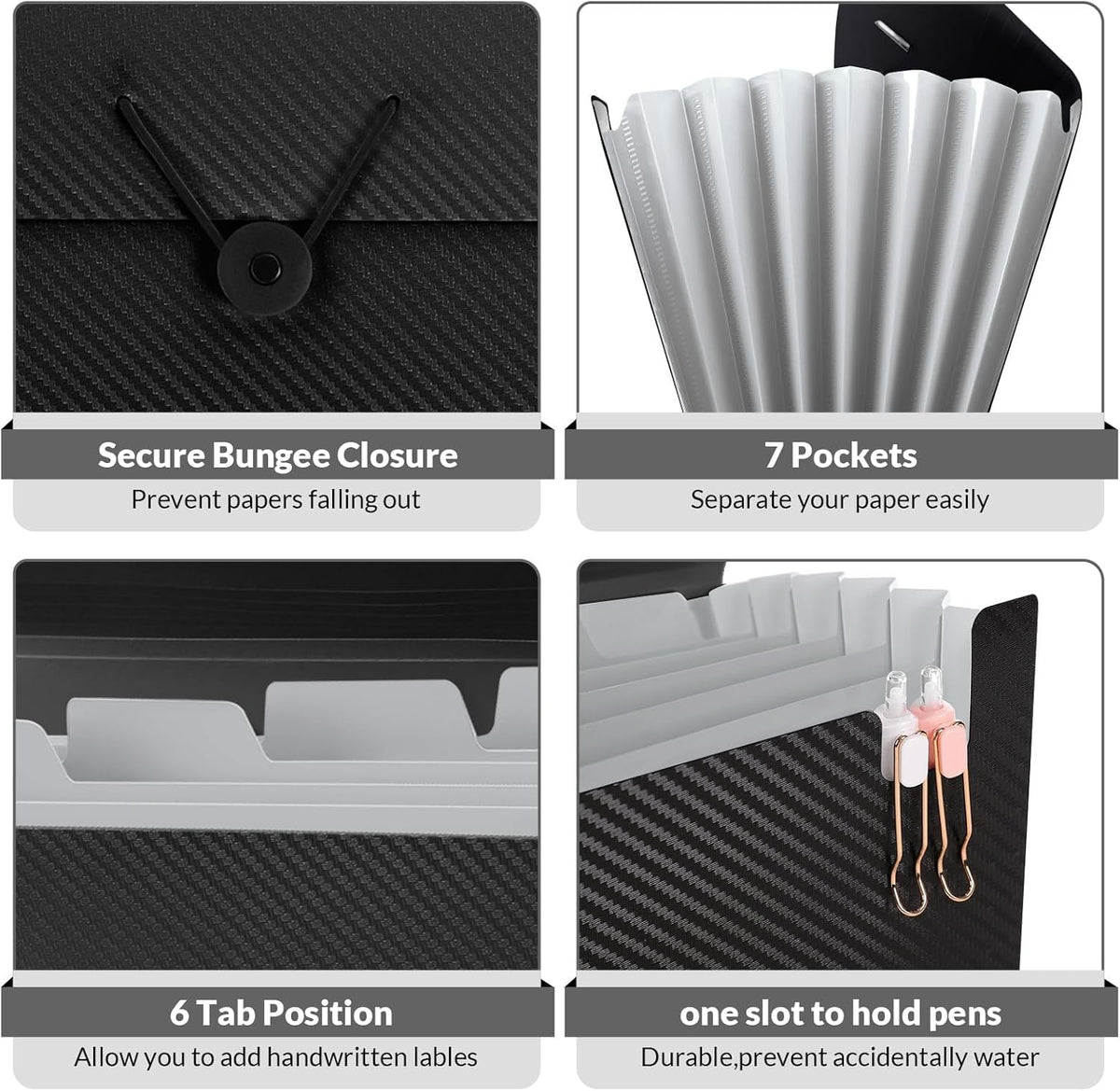 SKYDUE Accordion File Organizer, Expanding File Folder with 7 Pockets, Portable Receipt Paper Bill Document Organizer, Letter/A4 Size Filing Folder School Office Supplies, Black
