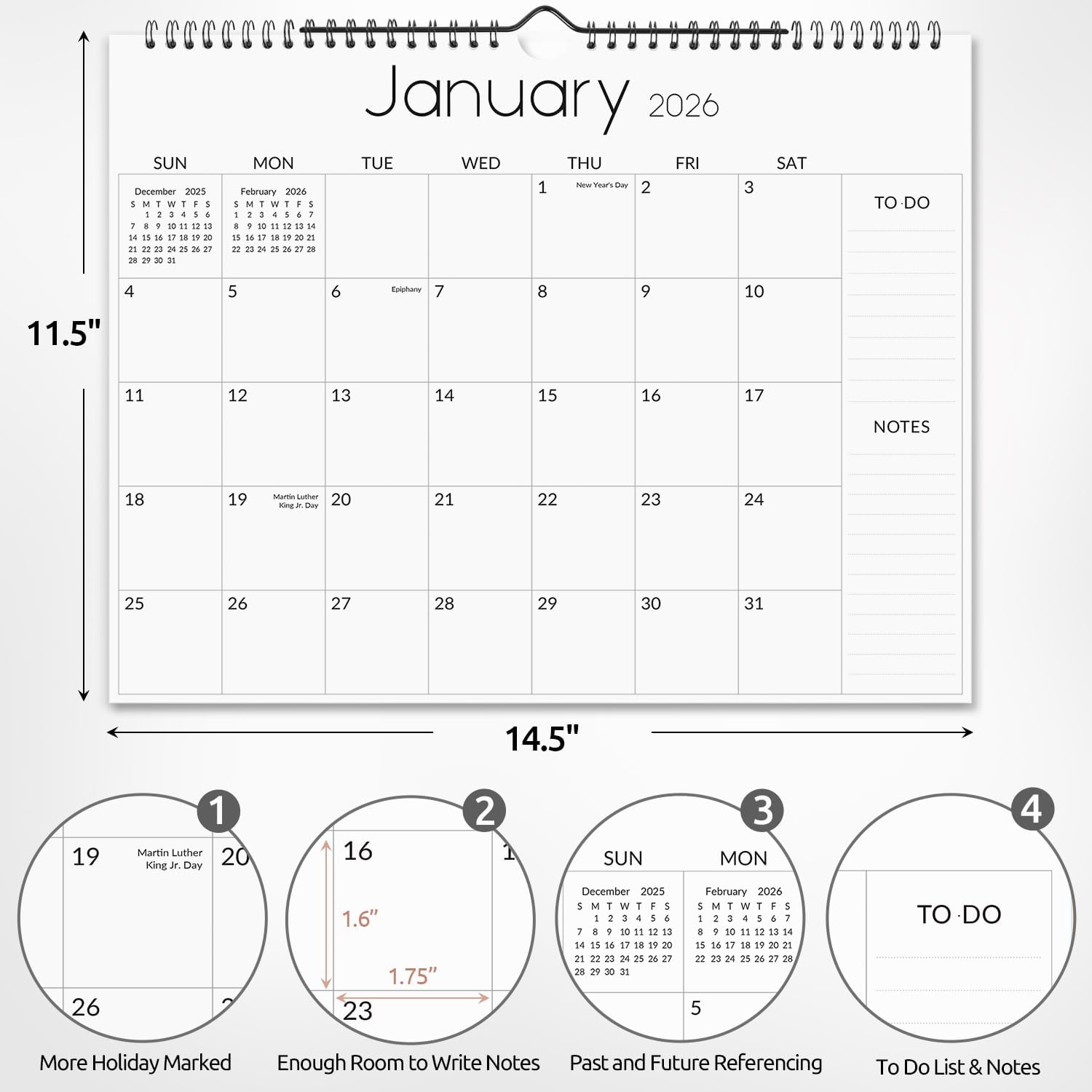 SKYDUE Wall Calendar 2026-2027, Jan 2026 to Jun 2027 18 Months 2026 Wall Calendar with Planner Stickers, 14.5" x 11.5", Black