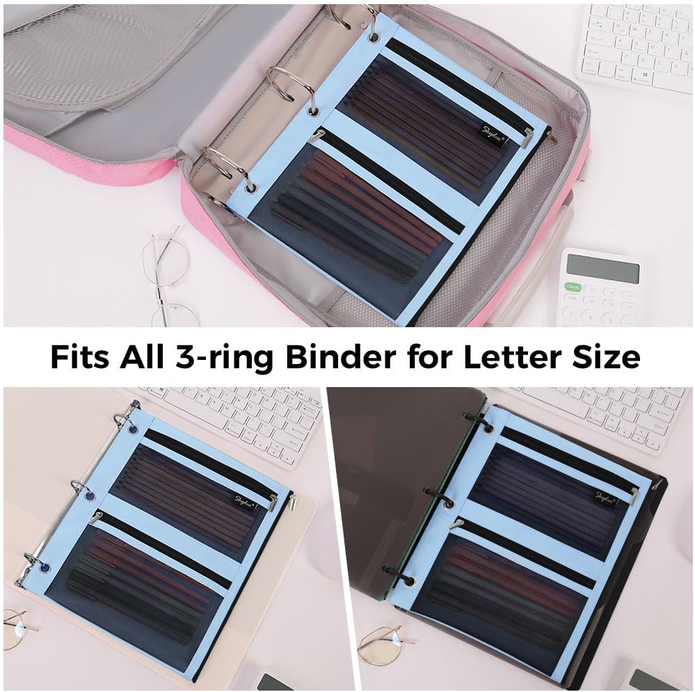 SKYDUE Pencil Pouch for Binder, Pencil Case, 3 Ring Binder Pencil Pouch with 3 Pockets and Mesh Window, Zipper Pencil Pouch, Durable Organizer for School Supplies, Cables, Earbuds, Makeup