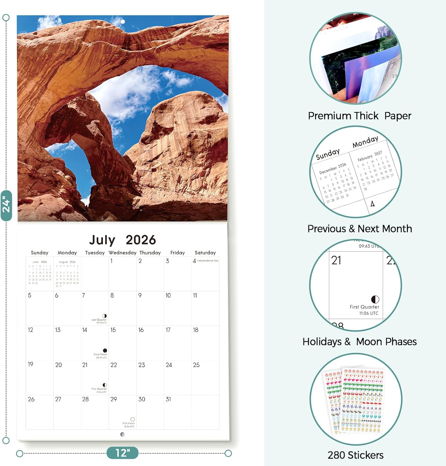 SKYDUE 2026 Wall Calendar 12"x24" Opened, 18-Month Puppy Dog Calendar from January 2026 to June 2027 with Stickers, Thick Paper Monthly Calendar for Home Office Organizing & Planning