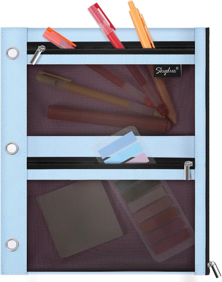 SKYDUE Pencil Pouch for Binder, Pencil Case, 3 Ring Binder Pencil Pouch with 3 Pockets and Mesh Window, Zipper Pencil Pouch, Durable Organizer for School Supplies, Cables, Earbuds, Makeup