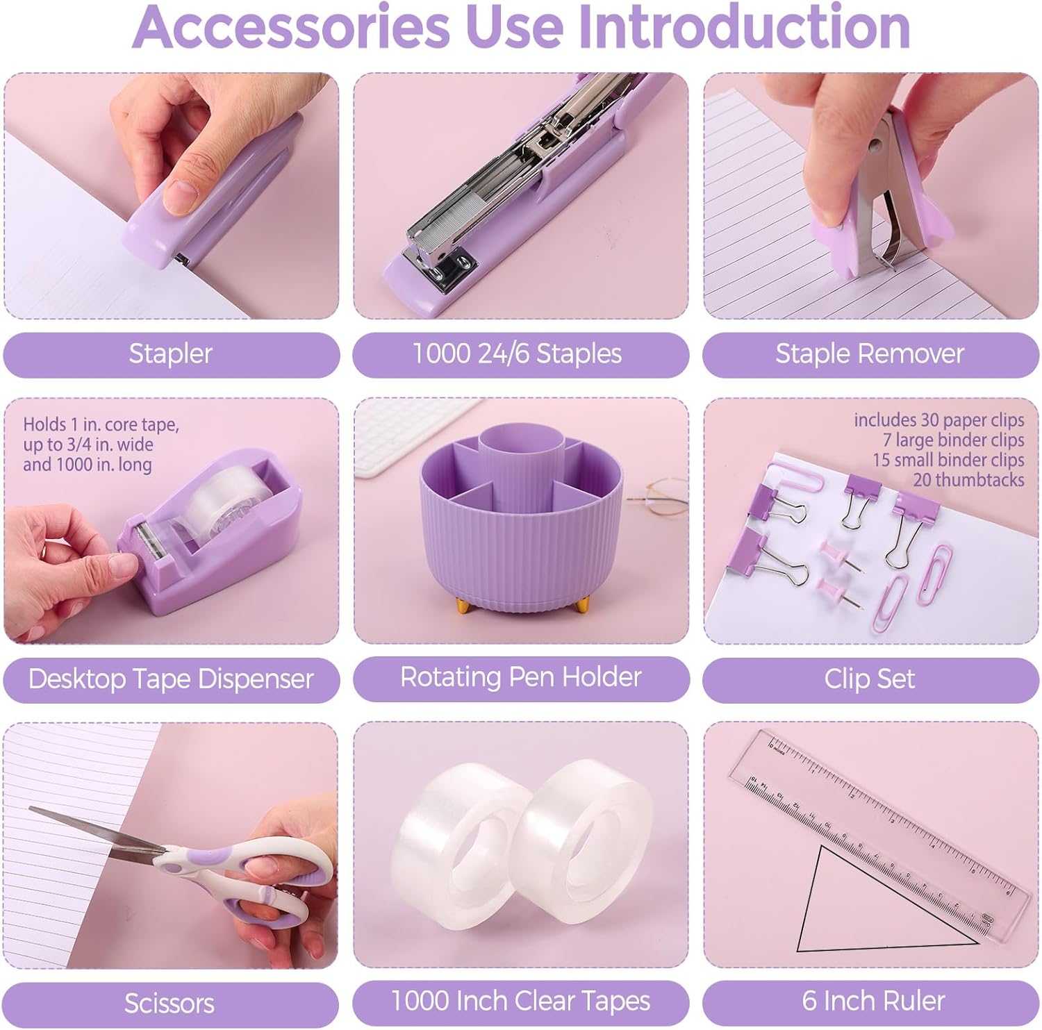 SKYDUE Purple Office Desk Accessories 10PCS,Pencil Holder for Desk