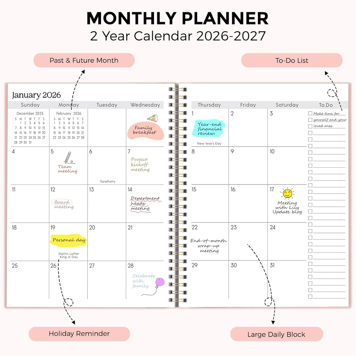 SKYDUE Monthly Planner 2026-2027, 24 Months Calendar Planner 2026-2027, 7.5" x 10" B5 Planner, Twin-wire Spiral Bound, Durable Waterproof Cover, Thick No-Bleed Paper, Floral