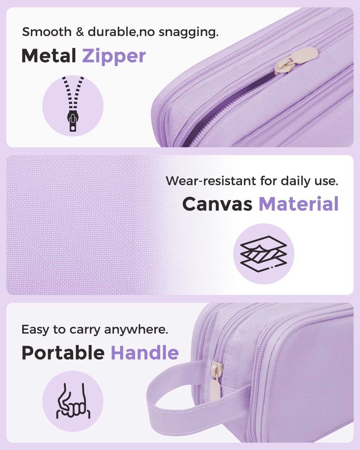 SKYDUE Large Capacity Pencil Case with 3 Compartments, Canvas Stationery Bag with Handle for Students Adults, Aesthetic Pen Holder Organizer for Office School Supplies, Purple