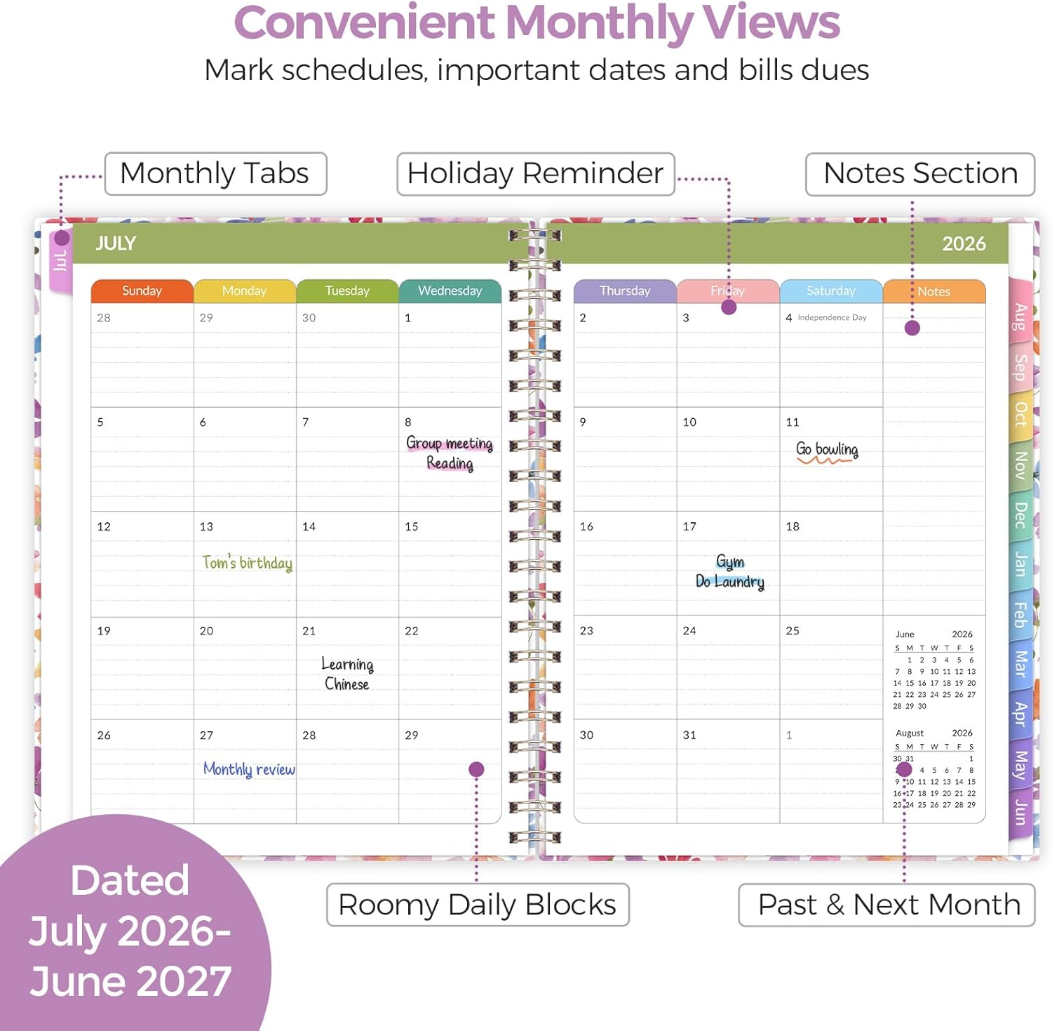 SKYDUE Teacher Planner 2026-2027 Academic Year, 8.5" x 11" Teacher Lesson Planner with Monthly Tabs & Stickers, Lesson Plan Book 26-27, Floral