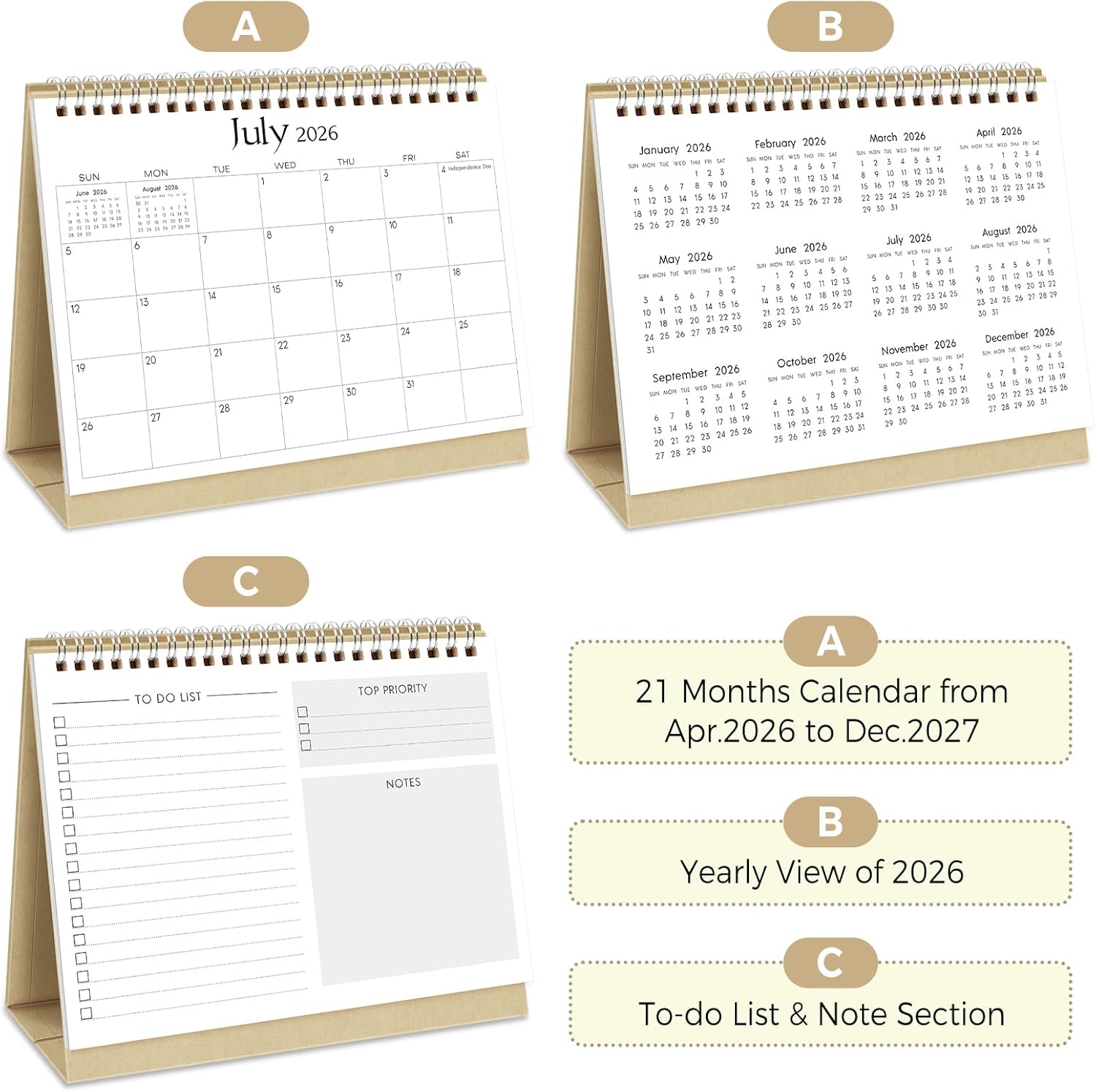SKYDUE Small Desk Calendar 2026-2027, Apr. 2026 to Dec. 2027, 21 Months Small Desk Calendar with Planner Stickers, 8.5" x 7" Desktop Calendar Planner, Kraft