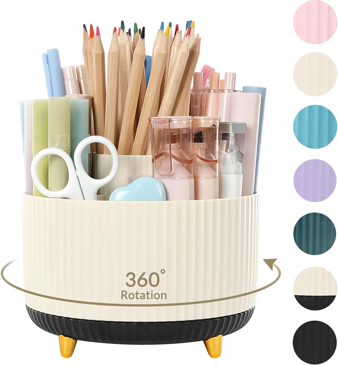SKYDUE 360 Rotating Plastic Desk Pen Organizer with 5 Slots, Dual-Purpose Art Supply Pencil Cup for Office, School, Home