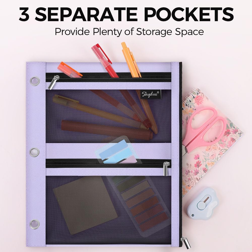 SKYDUE Pencil Pouch for Binder, Pencil Case, 3 Ring Binder Pencil Pouch with 3 Pockets and Mesh Window, Zipper Pencil Pouch, Durable Organizer for School Supplies, Cables, Earbuds, Makeup
