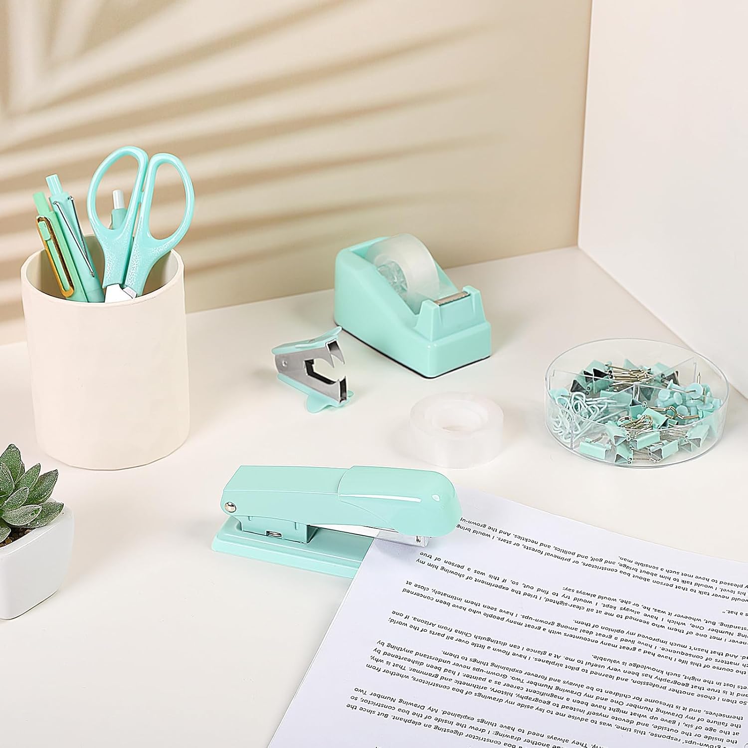 SKYDUE Pink Office Desk Accessories, Pink Office Supplies, Stapler, Tape Dispenser, Scissors, Clips and 1000pcs Staples,Office Supplies for Desk for Women