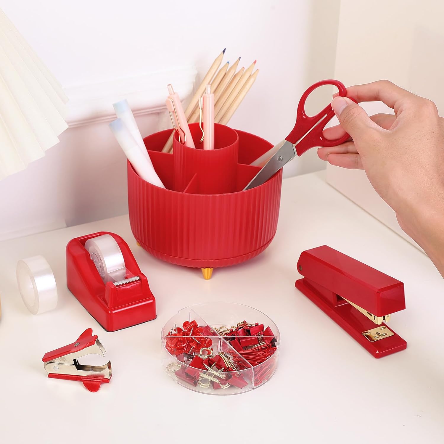 SKYDUE Pink Office Desk Accessories, Pink Office Supplies, Stapler, Tape Dispenser, Scissors, Clips and 1000pcs Staples,Office Supplies for Desk for Women