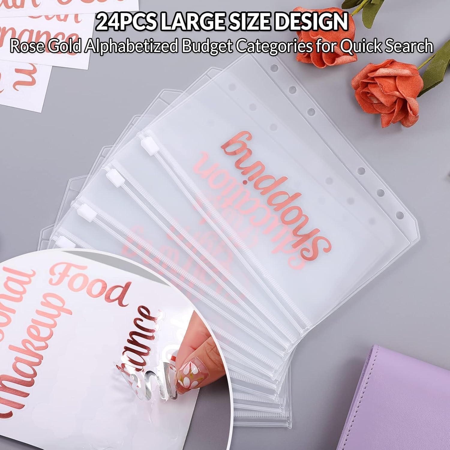 SKYDUE Budget Binder with 8pcs Zipper Envelopes,Money Organizer for Cash with 12pcs Expense Sheets & 24 Rose Gold Sticky Labels