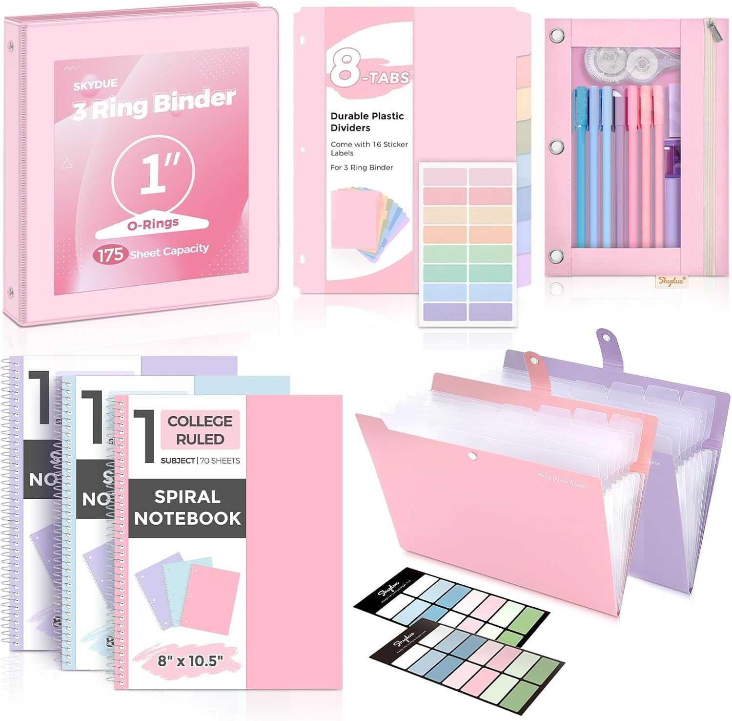 SKYDUE School Supplies Set – 1" 3-Ring Binder, 2 Expanding File Folders, 3 Spiral Notebooks, 8 Tab Dividers & Pencil Pouch – Cute Stationery for High School Stude, College Essentials Purple