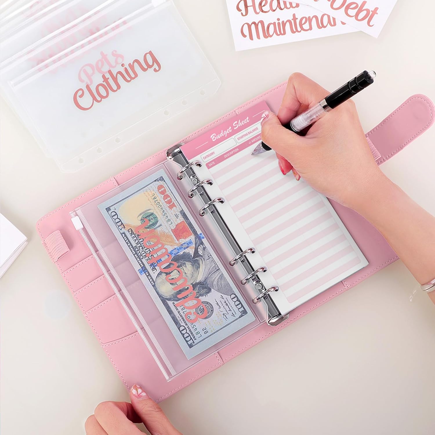 SKYDUE Budget Binder with 8pcs Zipper Envelopes,Money Organizer for Cash with 12pcs Expense Sheets & 24 Rose Gold Sticky Labels