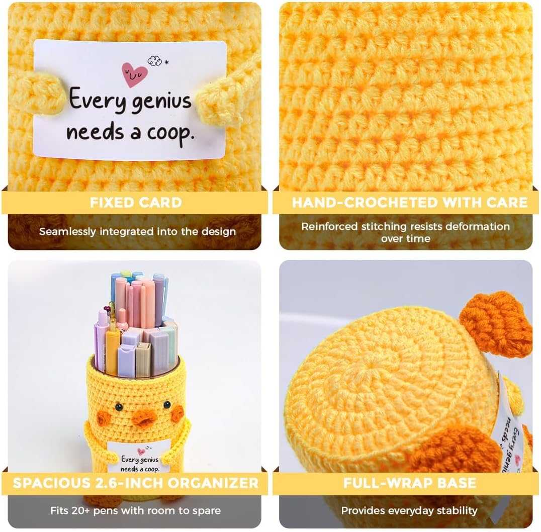SKYDUE Crocheted Pen & Pencil Holder with Inspirational Card - Handmade Desk Organizer for Office, School, Home - Functional Desk Decor Pen Cup