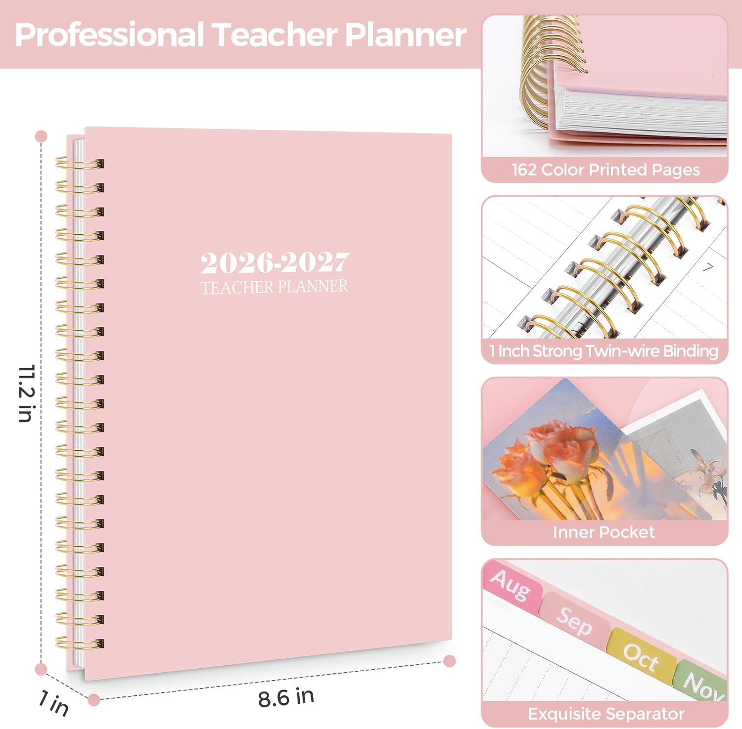 SKYDUE Teacher Planner 2026-2027 Academic Year, 8.5" x 11" Teacher Lesson Planner with Monthly Tabs & Stickers, Lesson Plan Book 26-27, Floral