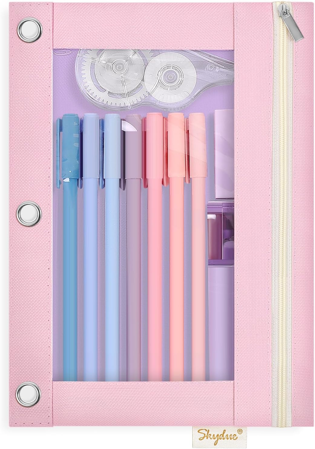 SKYDUE 3 Ring Pencil Pouch for Binder, Zipper Binder Pencil Pouch with 3 Pockets and Mesh Window, Durable Organizer for School Supplies, Cables, Earbuds, Makeup