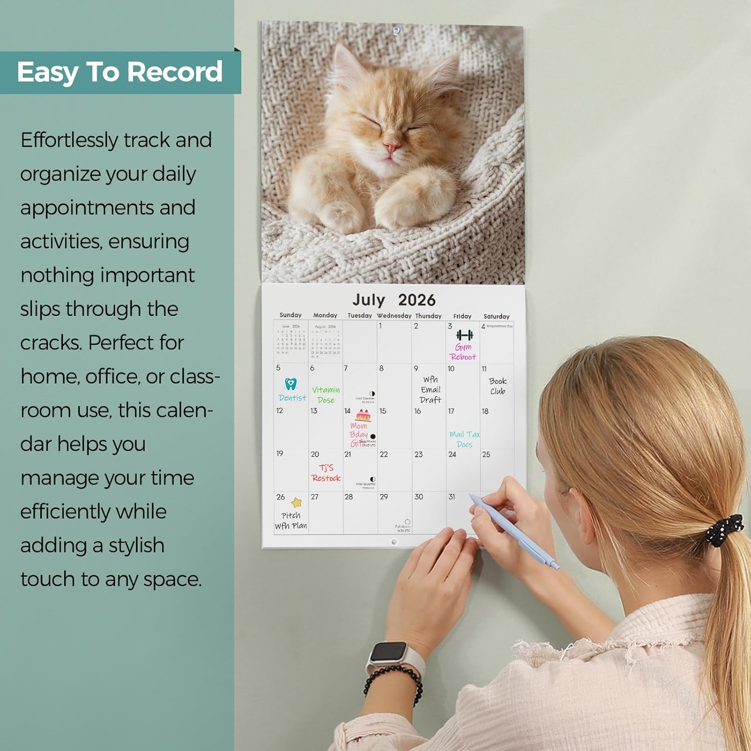 SKYDUE 2026 Wall Calendar 12"x24" Opened, 18-Month Puppy Dog Calendar from January 2026 to June 2027 with Stickers, Thick Paper Monthly Calendar for Home Office Organizing & Planning